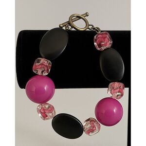 Women's Chunky Pink & Black Round Stretchy Slip On Beaded Bracelet Feminine Glam